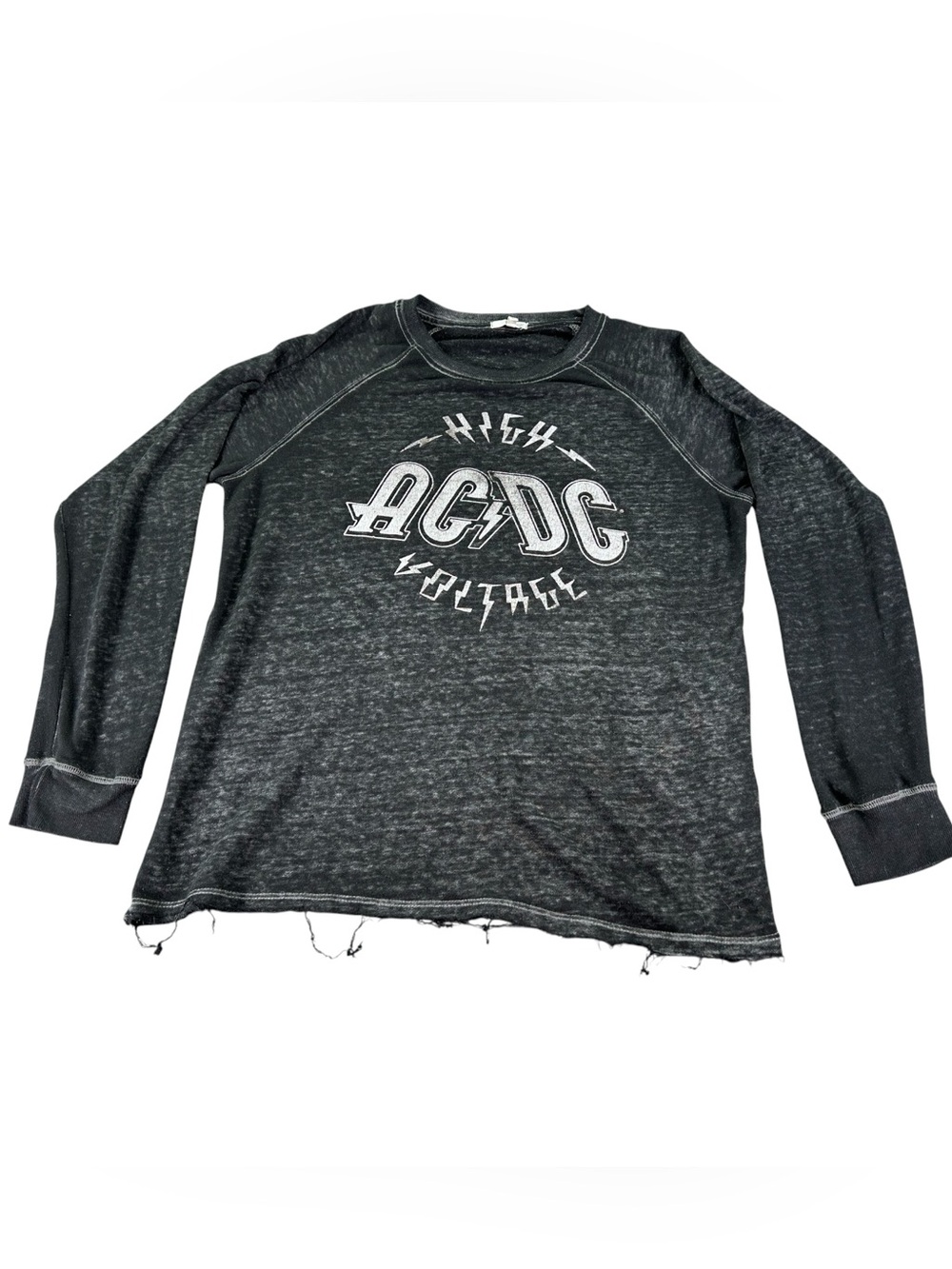Maurices AC/DC High Voltage Sweatshirt Women’s L Charcoal Distressed Raw Hem